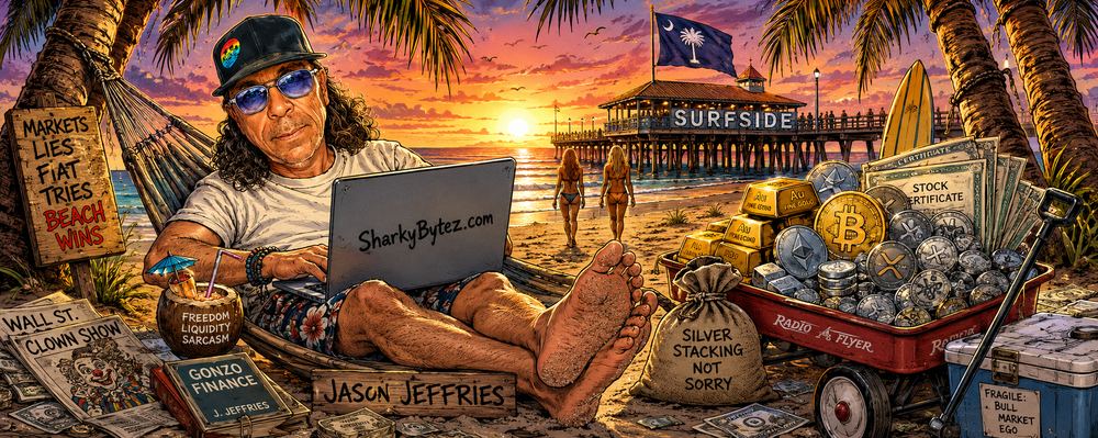 Jason Jeffries — SharkByteZ cartoonist, relaxing beachside with a laptop reading SharkByteZ.com, surrounded by gold, silver, crypto coins, and stacks of cash