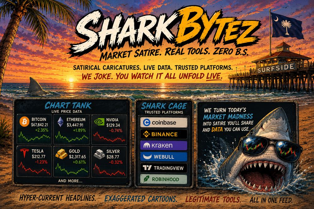 SharkByteZ site banner — Market Satire. Real Tools. Zero B.S., with live Chart Tank, Shark Cage trusted platforms, and a shark wearing sunglasses on the beach
