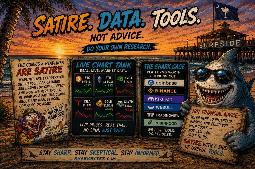 Satire. Data. Tools. Not advice. Do your own research. — SharkByteZ banner showing the comics are satire, the Live Chart Tank has real data, and the Shark Cage lists platforms worth checking out